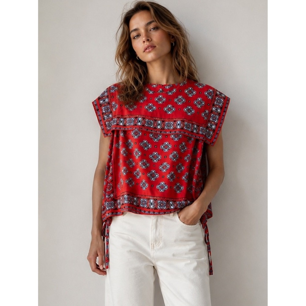 Sandro Paris Red Scarf Print Cape Overlay Blouse Boho Designer Top